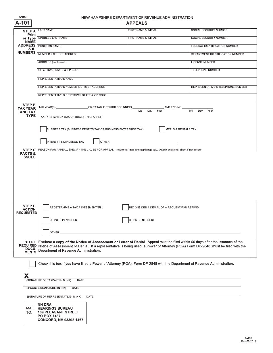 Form A-101 Appeal Form - New Hampshire, Page 1