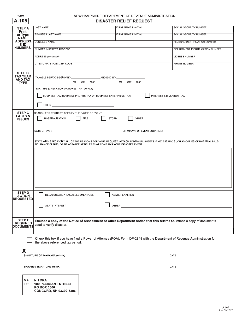 Form A-105 Disaster Relief Request - New Hampshire, Page 1