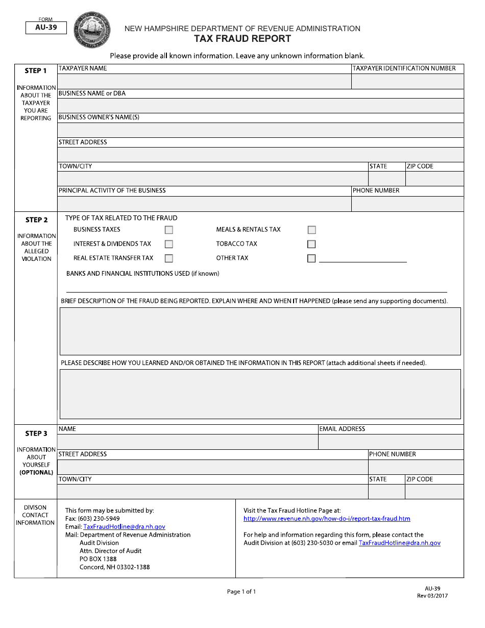 Form AU-39 Tax Fraud Report - New Hampshire, Page 1