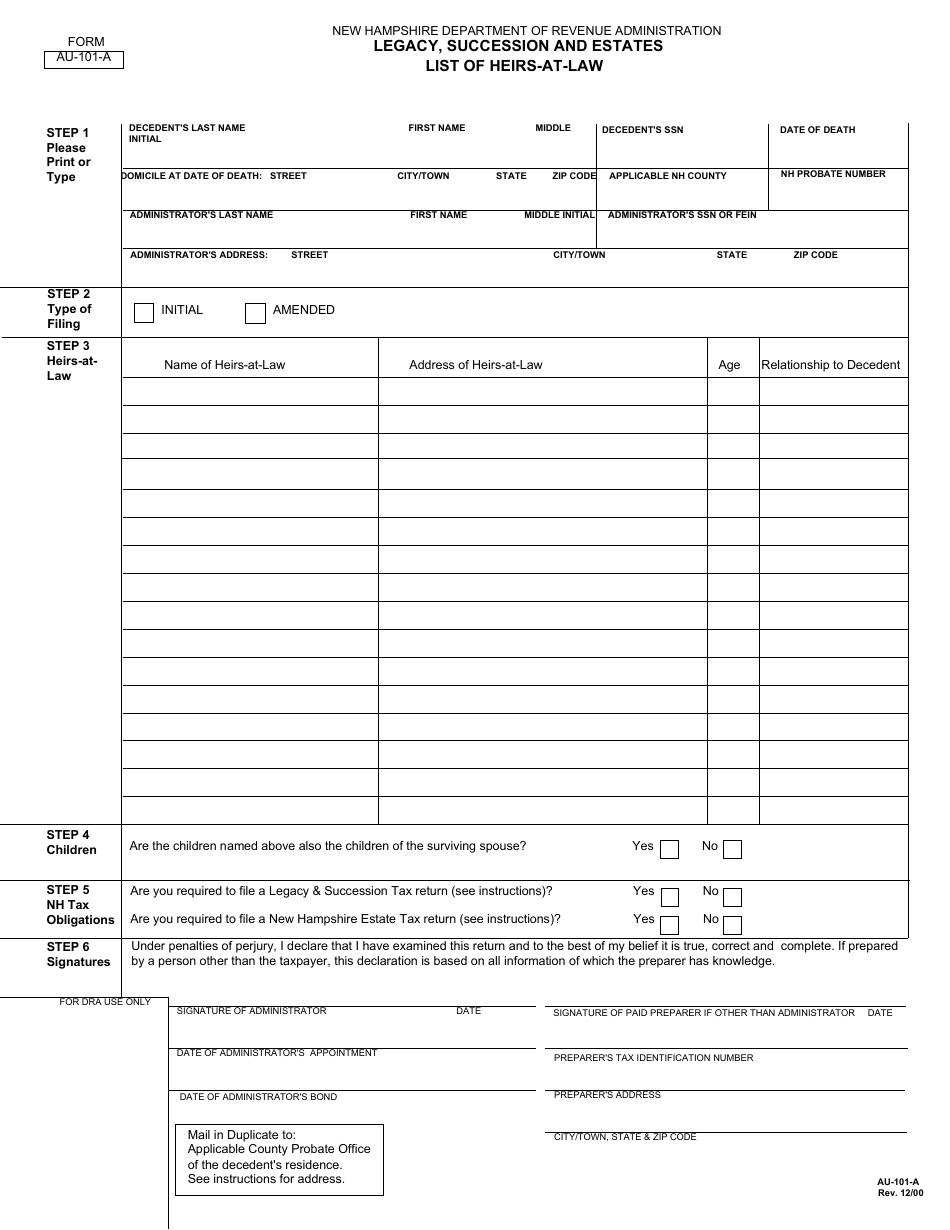 Form AU-101-A Legacy, Succession and Estates List of Heirs-At-Law - New Hampshire, Page 1