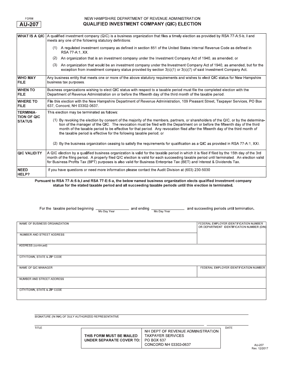 Form AU-207 Qualified Investment Company (Qic) Election - New Hampshire, Page 1