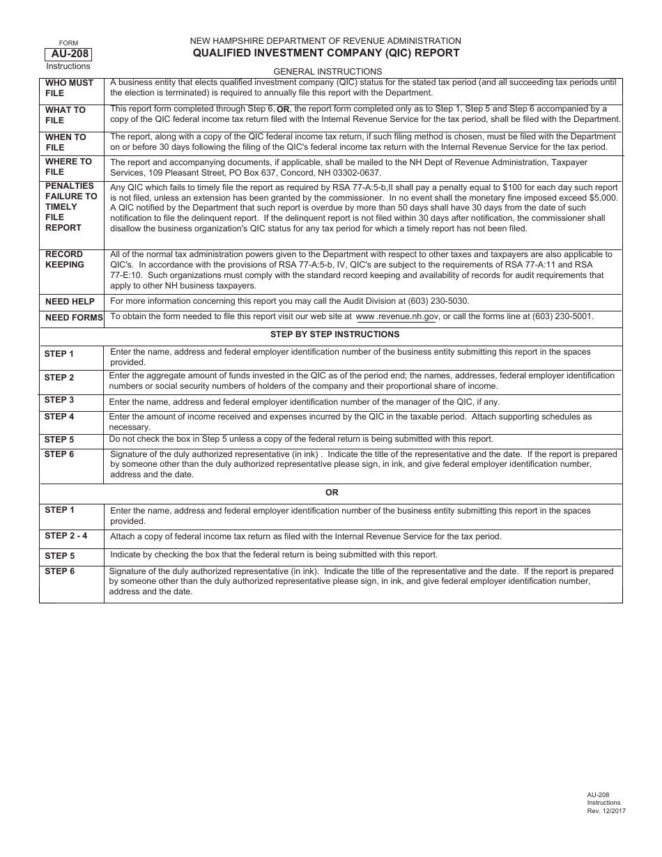Form AU-208 Qualified Investment Company (Qic) Report - New Hampshire, Page 2
