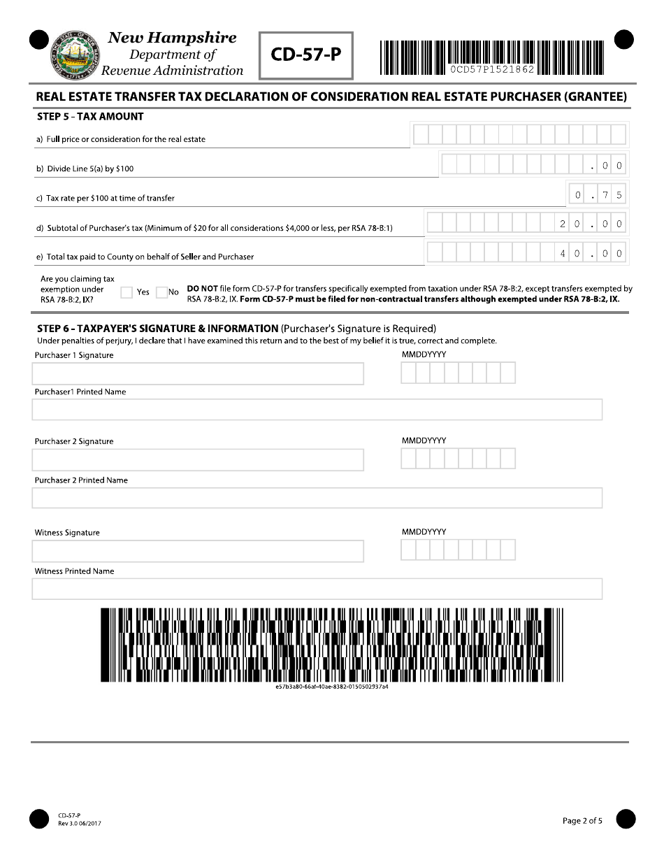 Form CD-57-P Real Estate Transfer Tax Declaration of Consideration Real Estate Purchaser (Grantee) - New Hampshire, Page 2