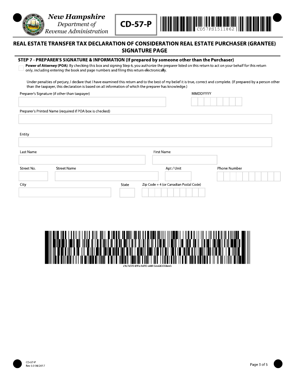 Form CD-57-P Real Estate Transfer Tax Declaration of Consideration Real Estate Purchaser (Grantee) - New Hampshire, Page 3