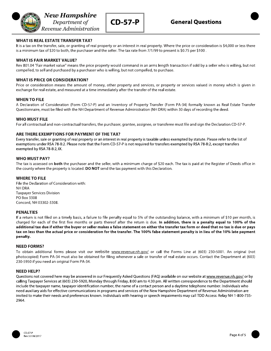 Form CD-57-P Real Estate Transfer Tax Declaration of Consideration Real Estate Purchaser (Grantee) - New Hampshire, Page 4