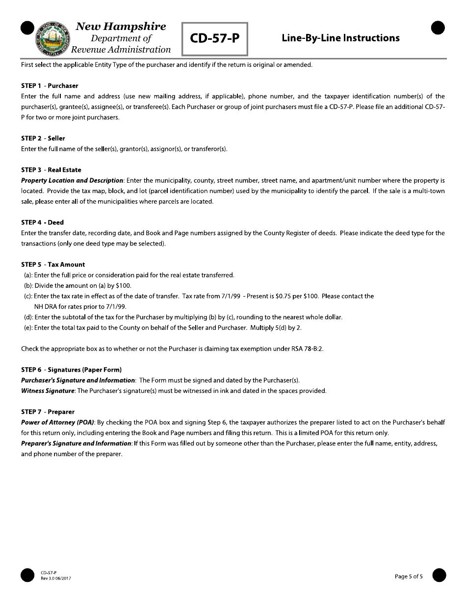 Form CD-57-P Real Estate Transfer Tax Declaration of Consideration Real Estate Purchaser (Grantee) - New Hampshire, Page 5
