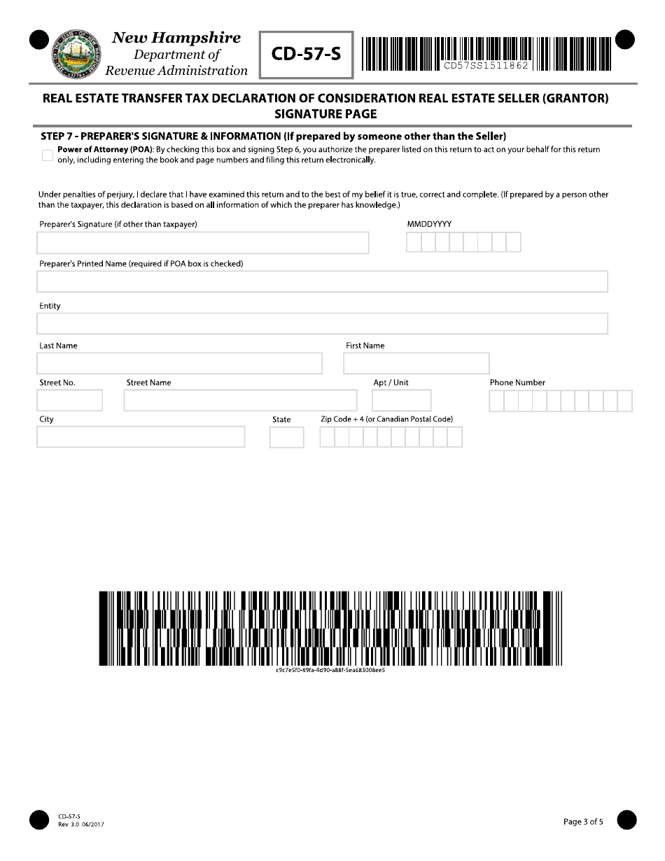 Form CD-57-S Real Estate Transfer Tax Declaration of Consideration Real Estate Seller (Grantor) - New Hampshire, Page 3