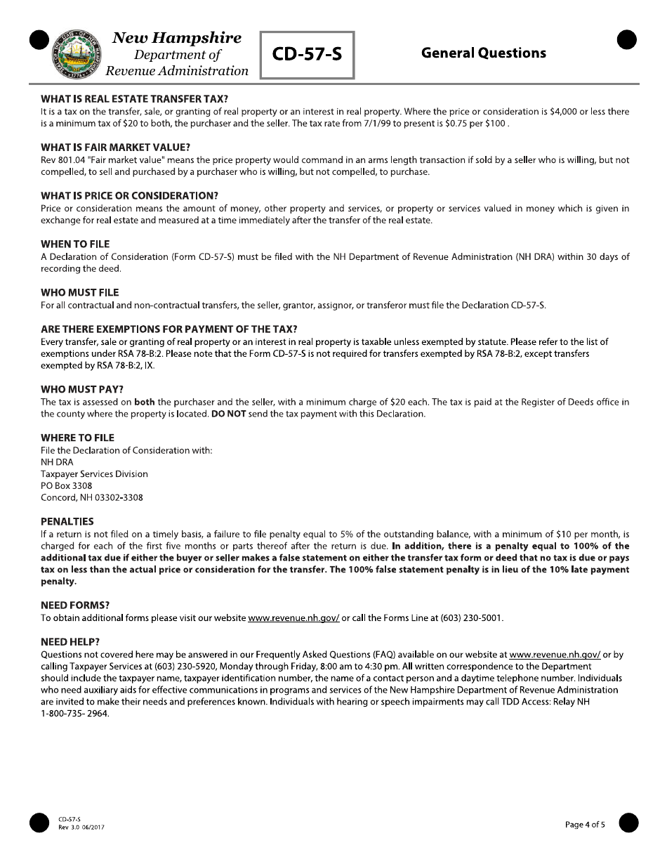 Form CD-57-S Real Estate Transfer Tax Declaration of Consideration Real Estate Seller (Grantor) - New Hampshire, Page 4