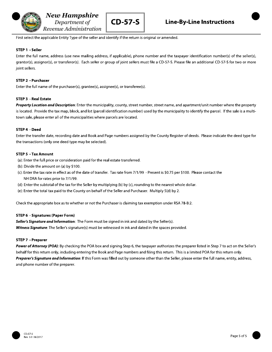 Form CD-57-S Real Estate Transfer Tax Declaration of Consideration Real Estate Seller (Grantor) - New Hampshire, Page 5