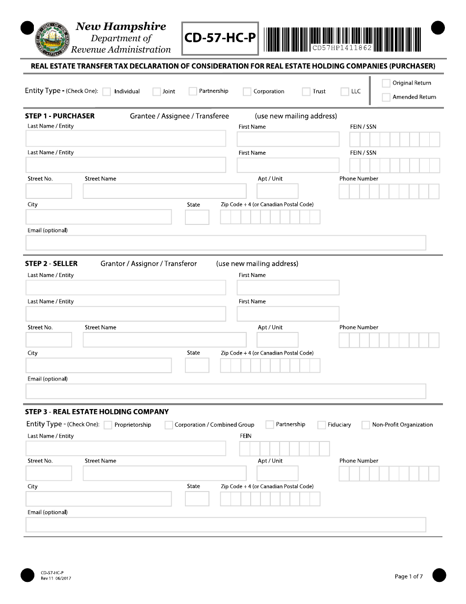 Form CD-57-HC-P Real Estate Transfer Tax Declaration of Consideration for Real Estate Holding Companies (Purchaser) - New Hampshire, Page 1