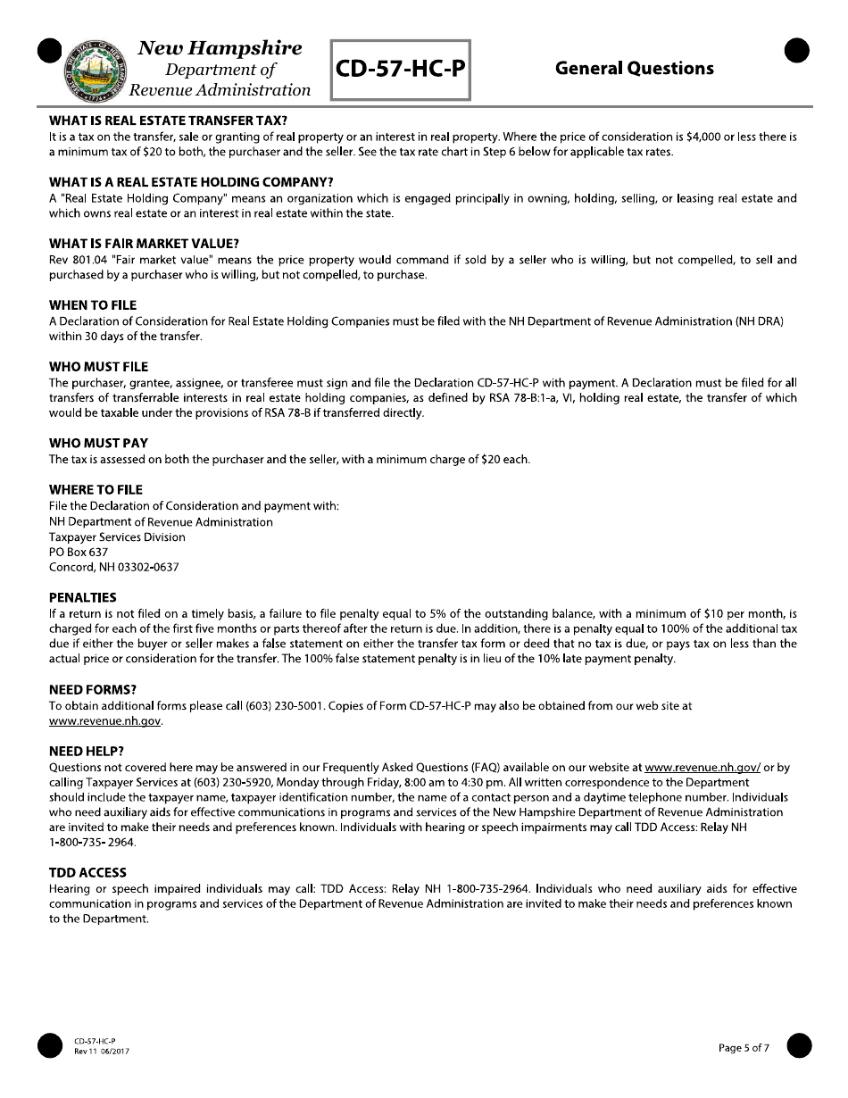 Form CD-57-HC-P Real Estate Transfer Tax Declaration of Consideration for Real Estate Holding Companies (Purchaser) - New Hampshire, Page 5