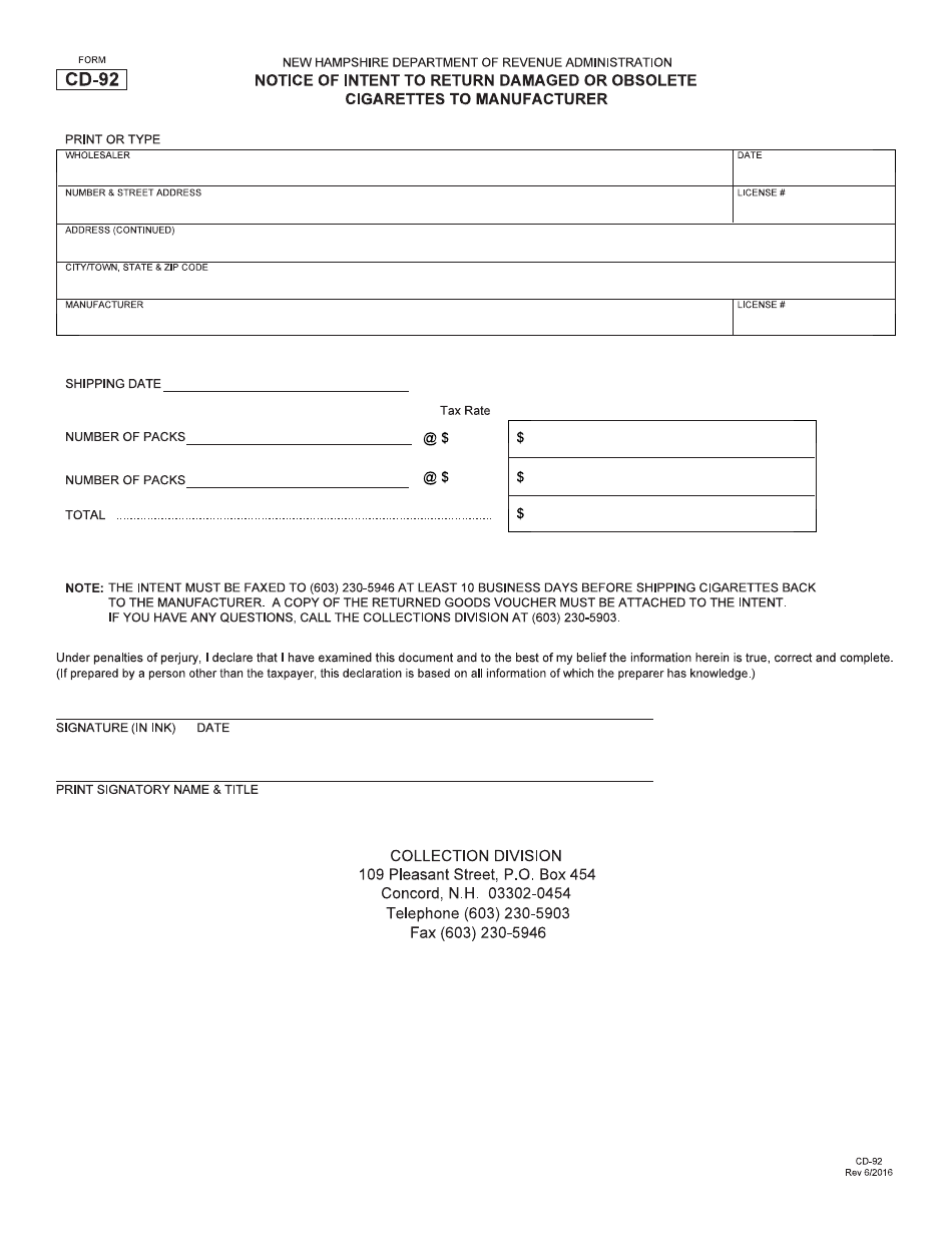 Form CD-92 Notice of Intent to Return Damaged or Obsolete Cigarettes to Manufacturer - New Hampshire, Page 1