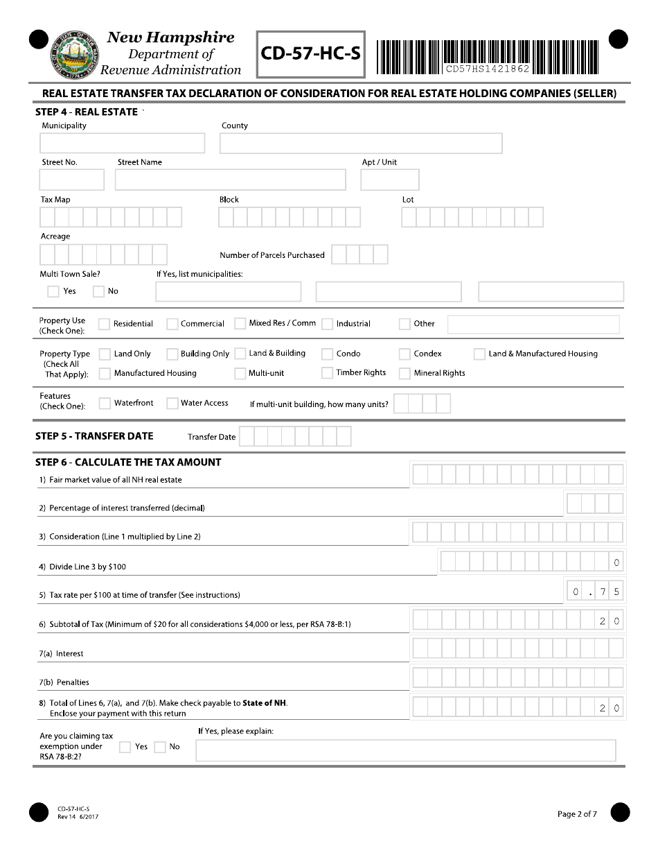 Form CD-57-HC-S Real Estate Transfer Tax Declaration of Consideration for Holding Companies (Seller) - New Hampshire, Page 2