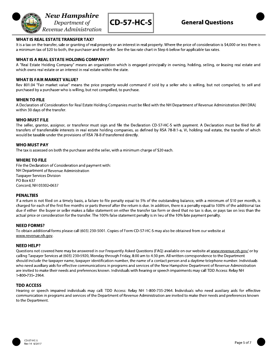 Form CD-57-HC-S Real Estate Transfer Tax Declaration of Consideration for Holding Companies (Seller) - New Hampshire, Page 5