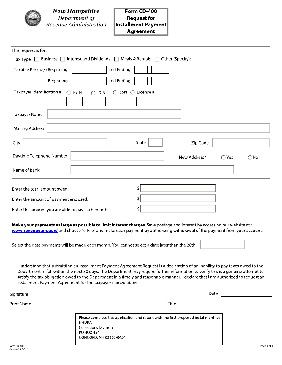 Form CD-400 Request for Installment Payment Agreement - New Hampshire, Page 1