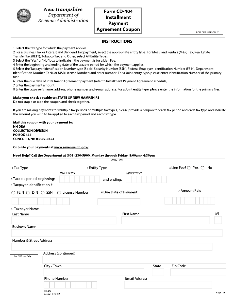 Form CD-404 Installment Payment Agreement Coupon - New Hampshire, Page 1