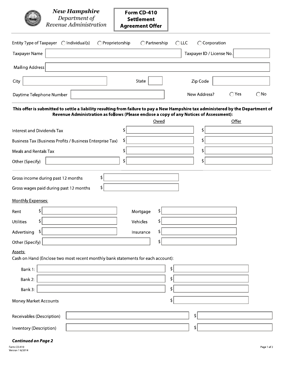 Form CD-410 Settlement Agreement Offer - New Hampshire, Page 1