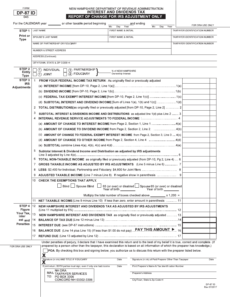 Form DP87 ID Download Fillable PDF or Fill Online Report of Change