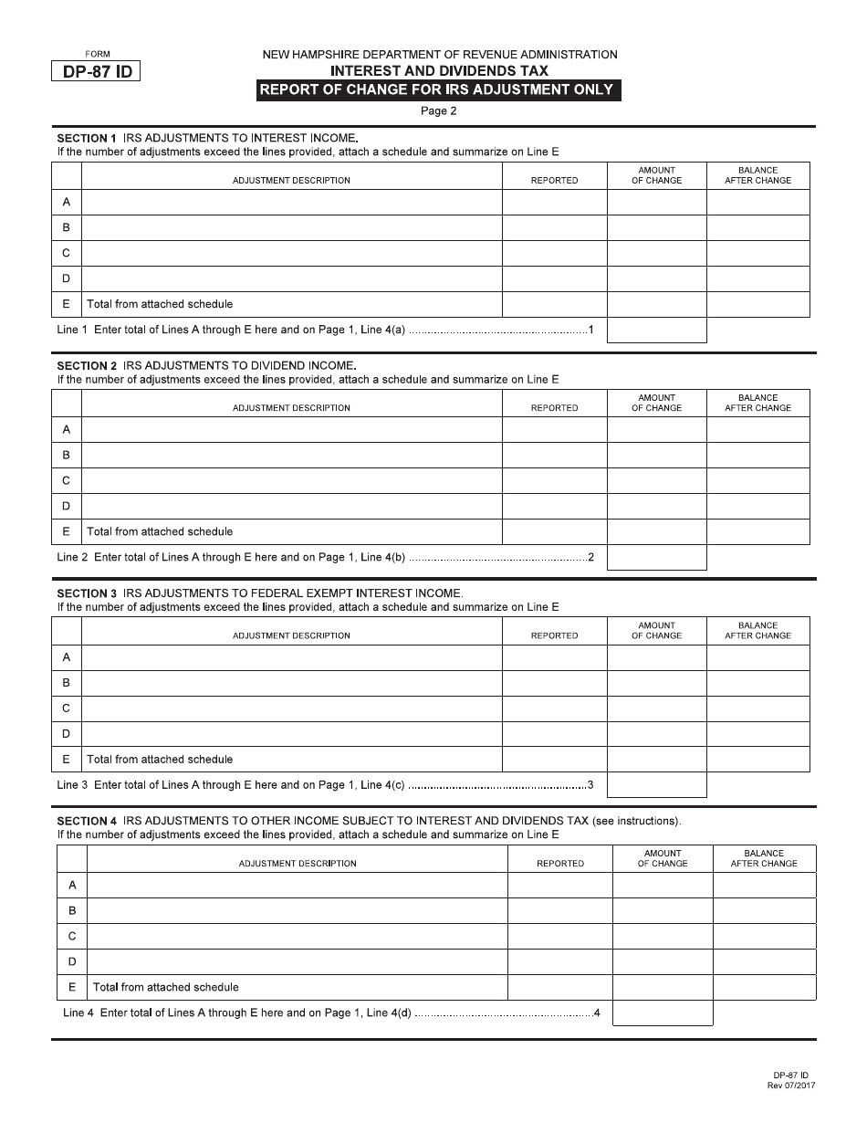 Form DP-87 ID Report of Change (Roc) Interest and Dividends - New Hampshire, Page 2