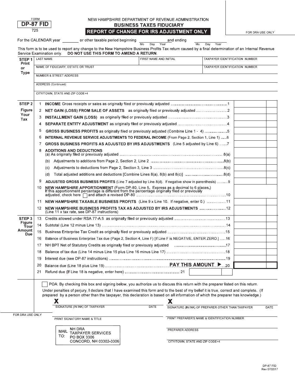 Form DP-87 FID Report of Change (Roc) Fiduciary - New Hampshire, Page 1