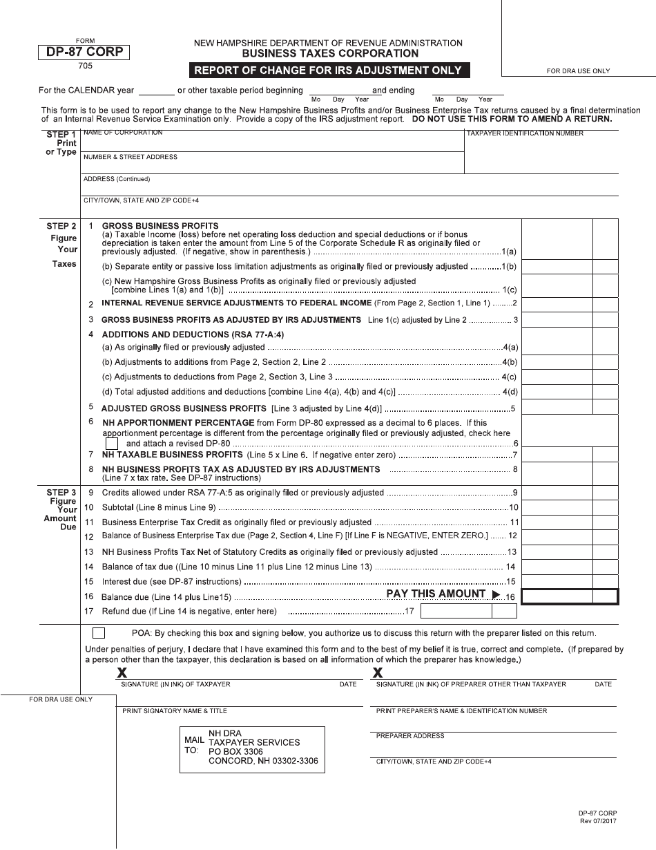 Form DP-87 CORP Report of Change (Roc) Corporation - New Hampshire, Page 1