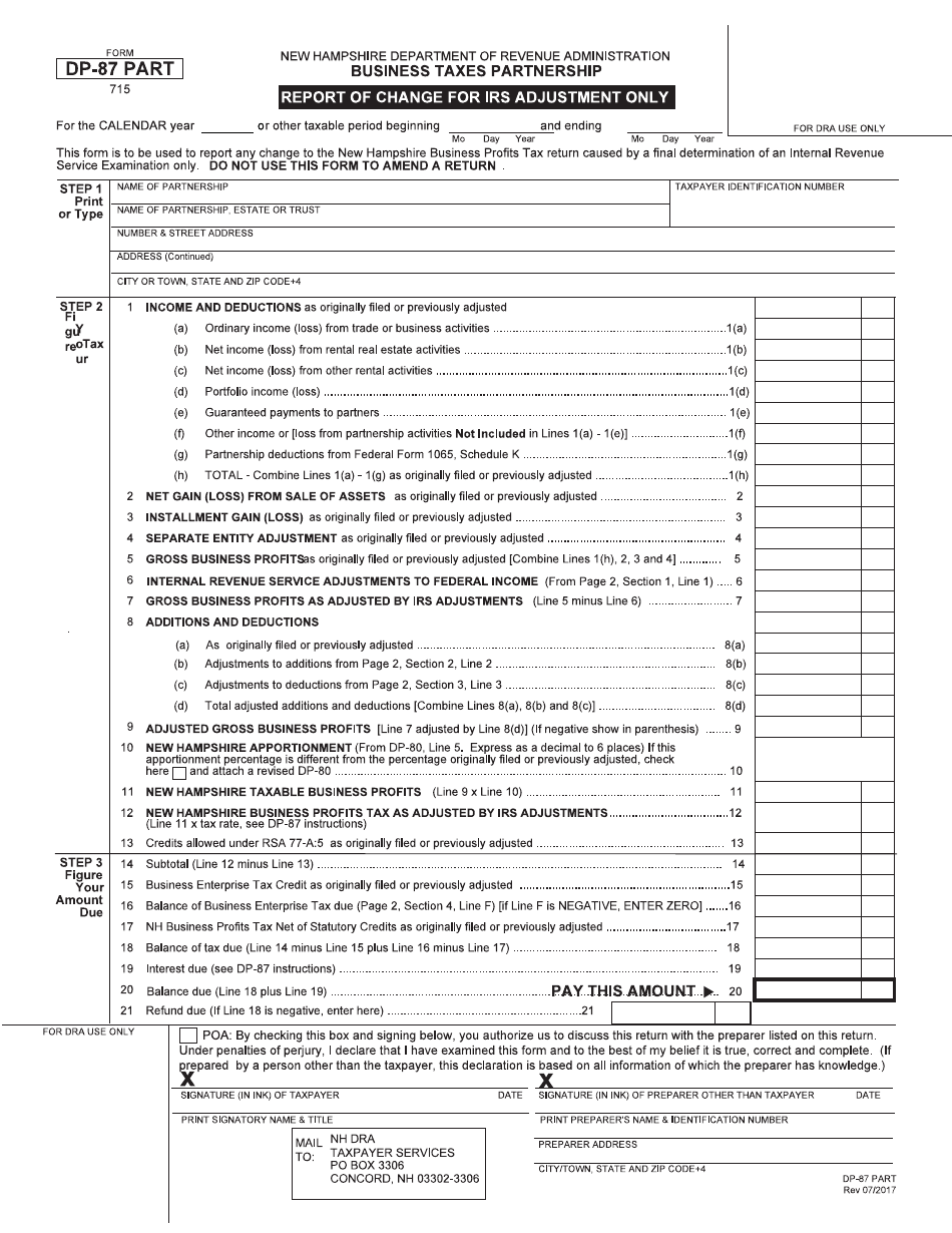 Form DP-87 PART Report of Change (Roc) Partnership - New Hampshire, Page 1