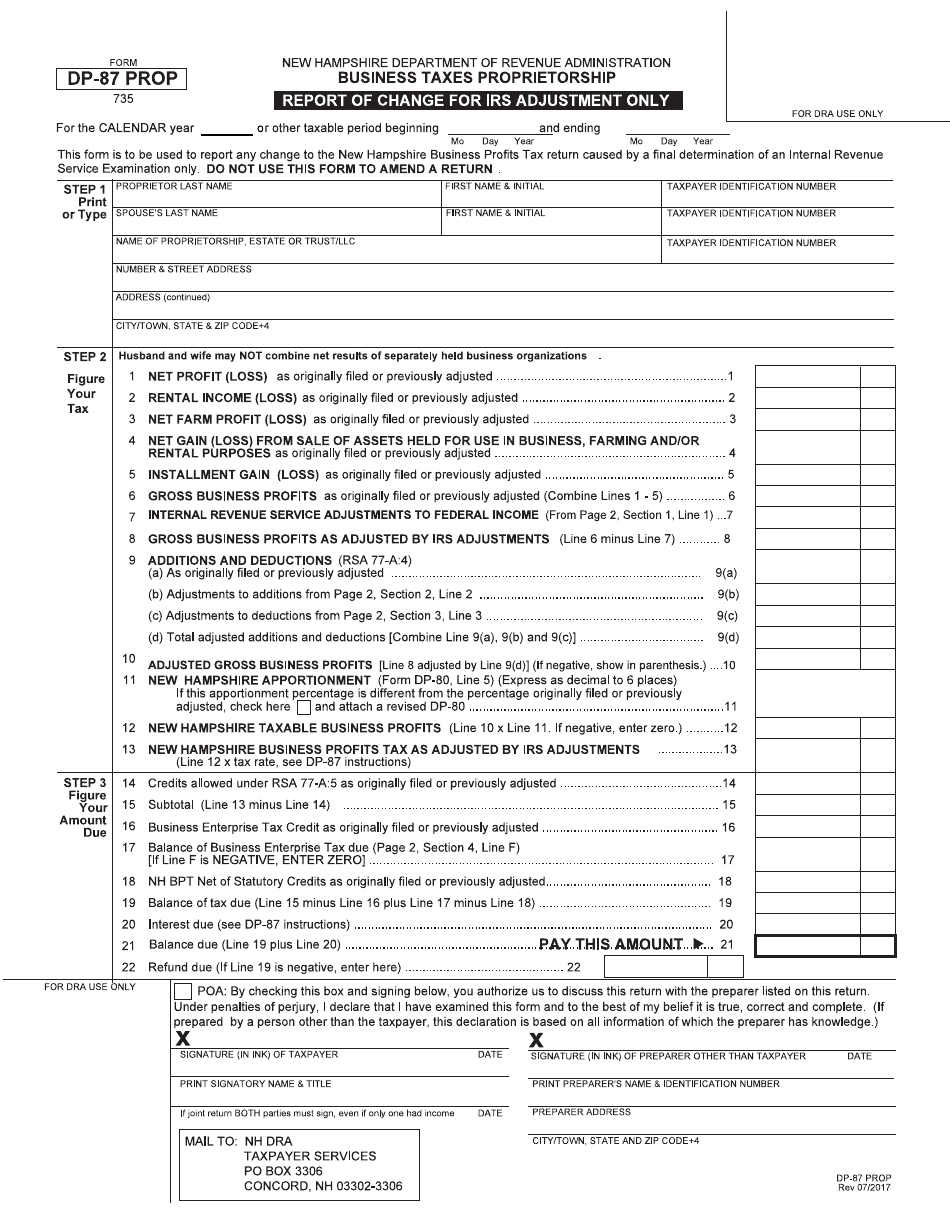 Form DP-87 PROP Report of Change (Roc) Proprietorship - New Hampshire, Page 1