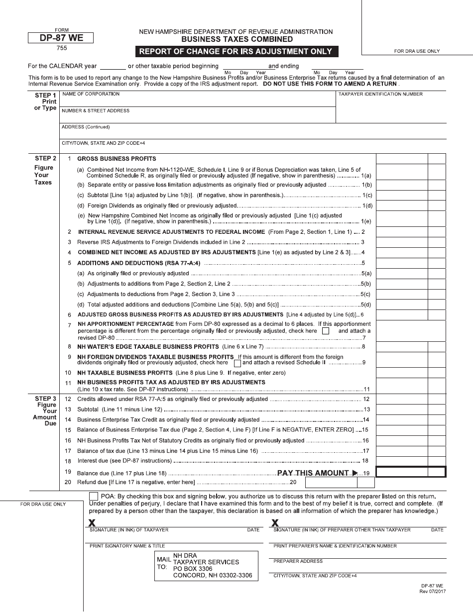 Form DP-87 WE Report of Change (Roc) Combined - New Hampshire, Page 1