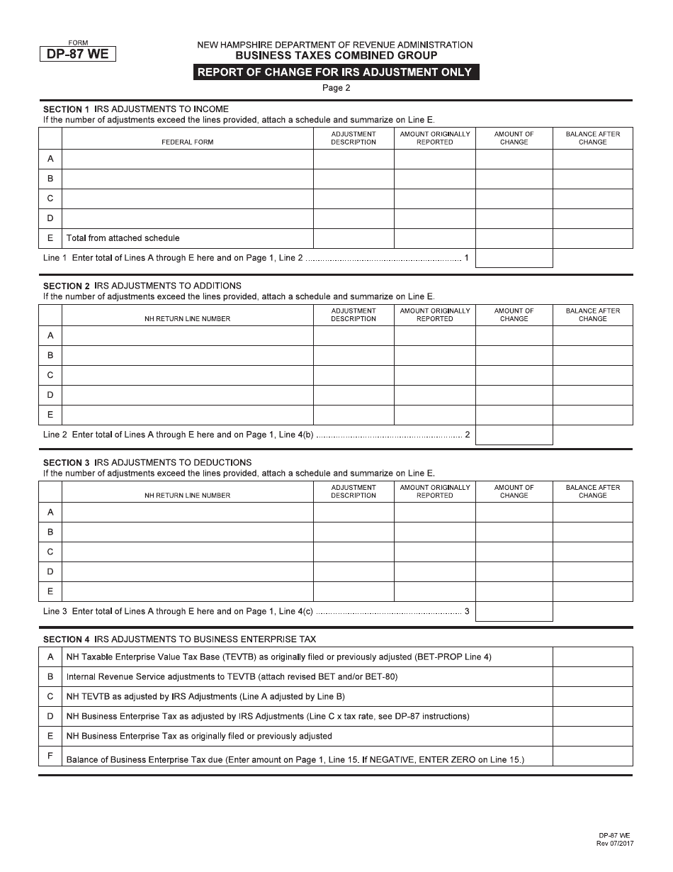 Form DP-87 WE Report of Change (Roc) Combined - New Hampshire, Page 2
