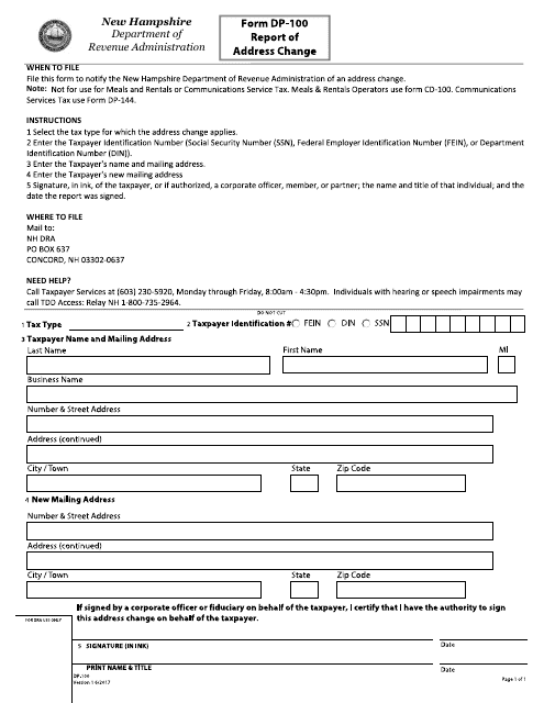 Form DP-100 Report of Address Change - New Hampshire