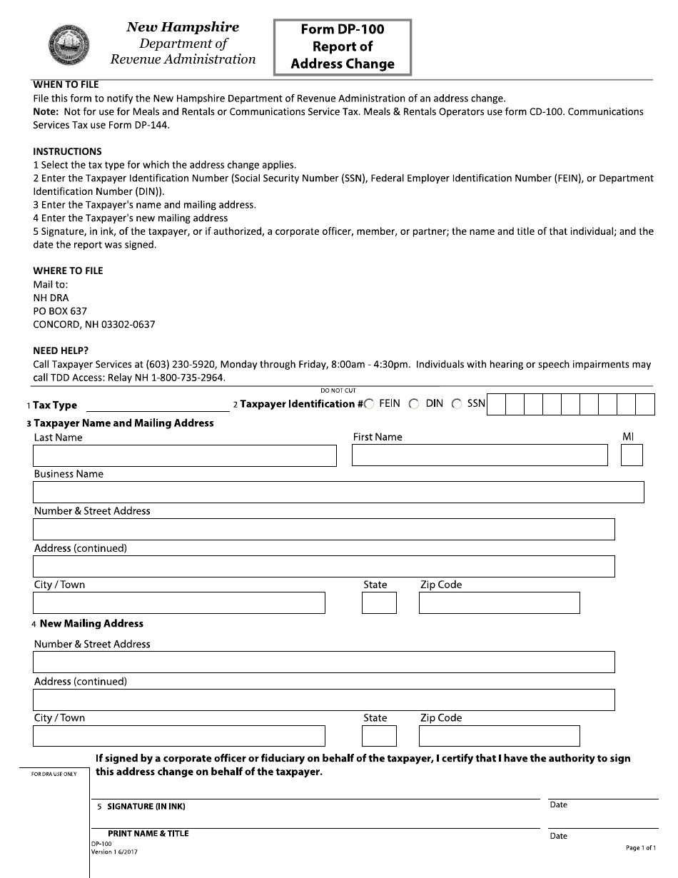 Form DP-100 Report of Address Change - New Hampshire, Page 1