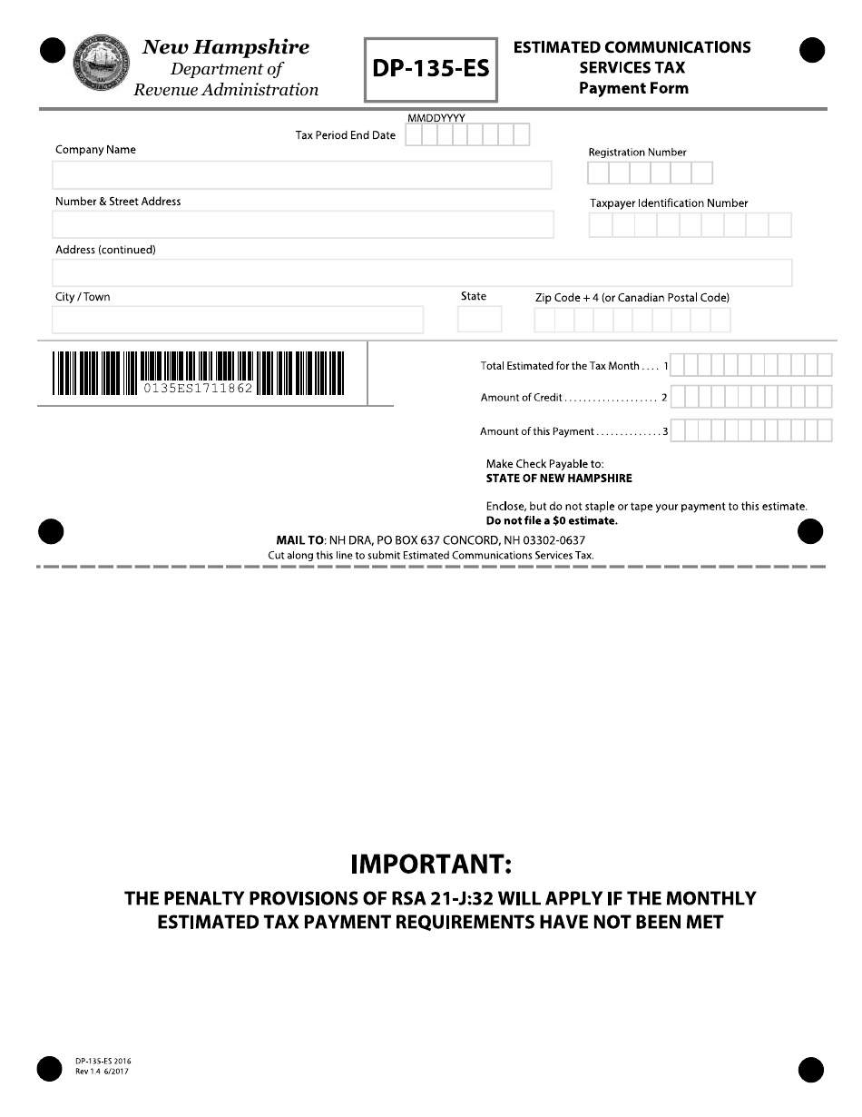 Form DP-135-ES Estimated Communications Services Tax Payment Form - New Hampshire, Page 1