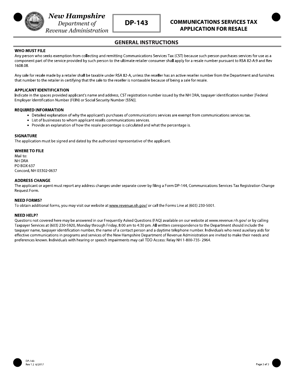 Form DP-143 Communications Services Tax Application for Resale - New Hampshire, Page 2