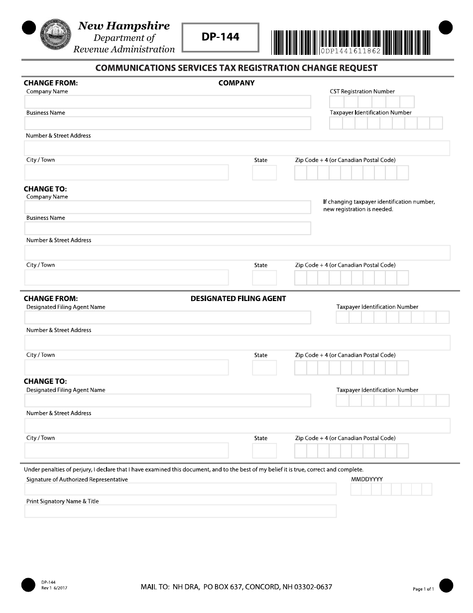 Form DP-144 Communications Services Tax Registration Change Request - New Hampshire, Page 1