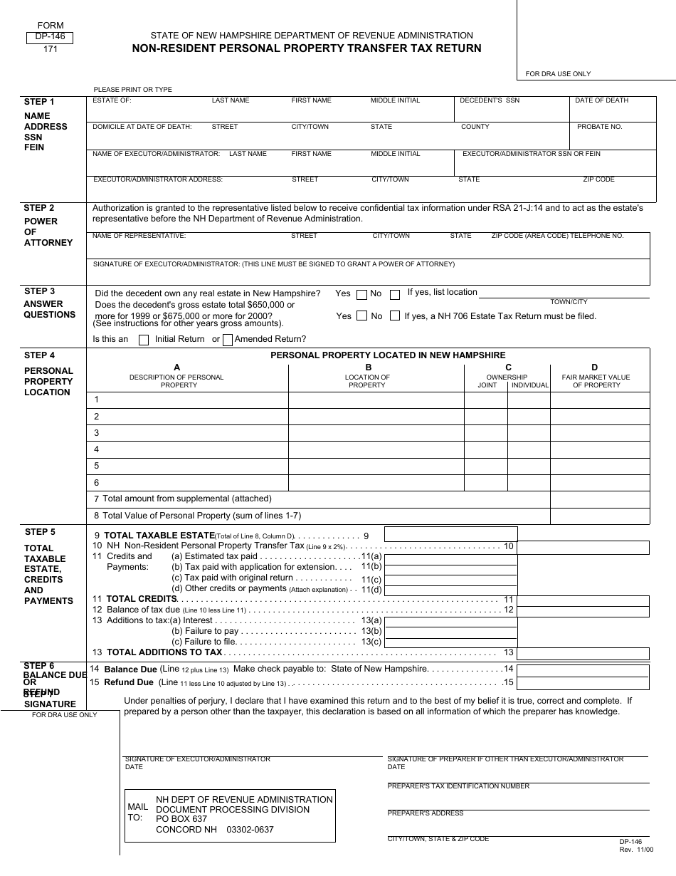 Form DP-146 Non-resident Personal Property Transfer Tax Return - New Hampshire, Page 1