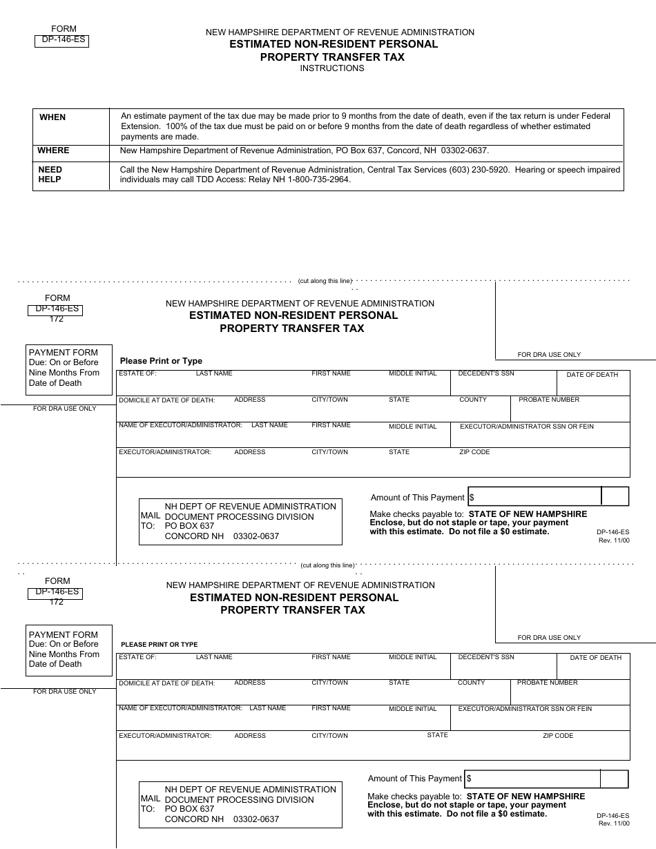 Form DP-146-ES Estimated Non-resident Personal Property Transfer Tax - New Hampshire, Page 1