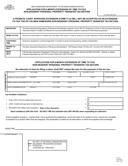 Form DP-147 Application for 6-month Extension of Time to File Non-resident Personal Property Transfer Tax Return - New Hampshire