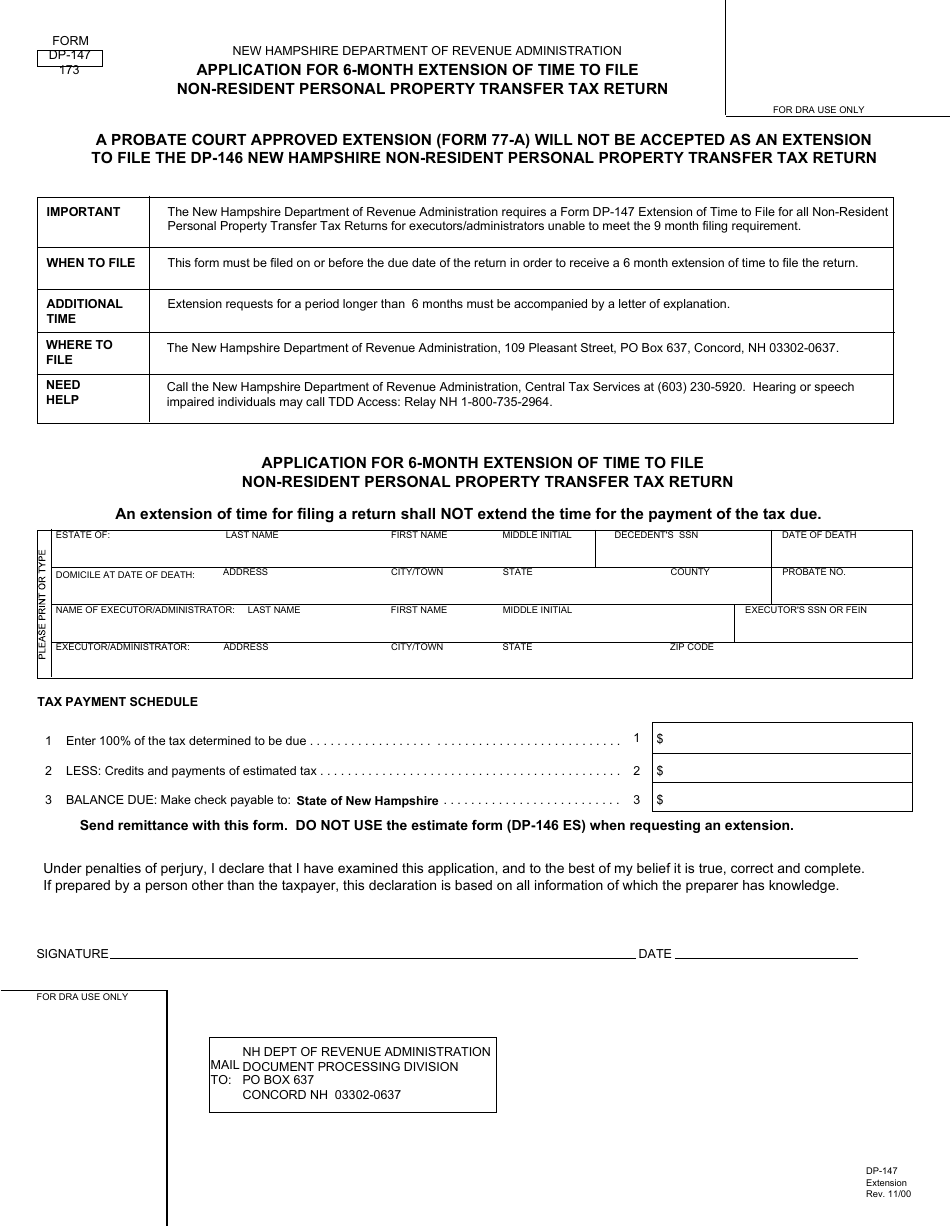 Form DP-147 Application for 6-month Extension of Time to File Non-resident Personal Property Transfer Tax Return - New Hampshire, Page 1
