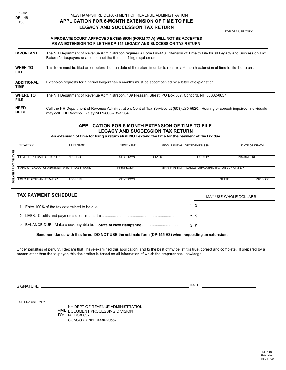 Form DP-148 Application for 6-month Extension of Time to File Legacy and Succession Tax Return - New Hampshire, Page 1