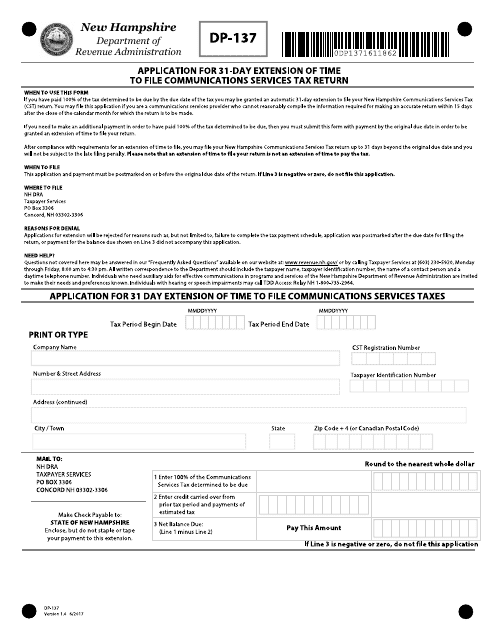 Form DP-137 Application for 31-day Extension of Time to File Communications Services Tax Return - New Hampshire