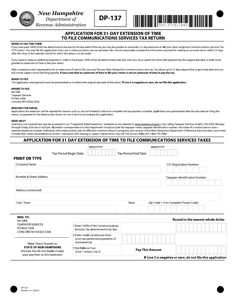 Form DP-137 Application for 31-day Extension of Time to File Communications Services Tax Return - New Hampshire, Page 1
