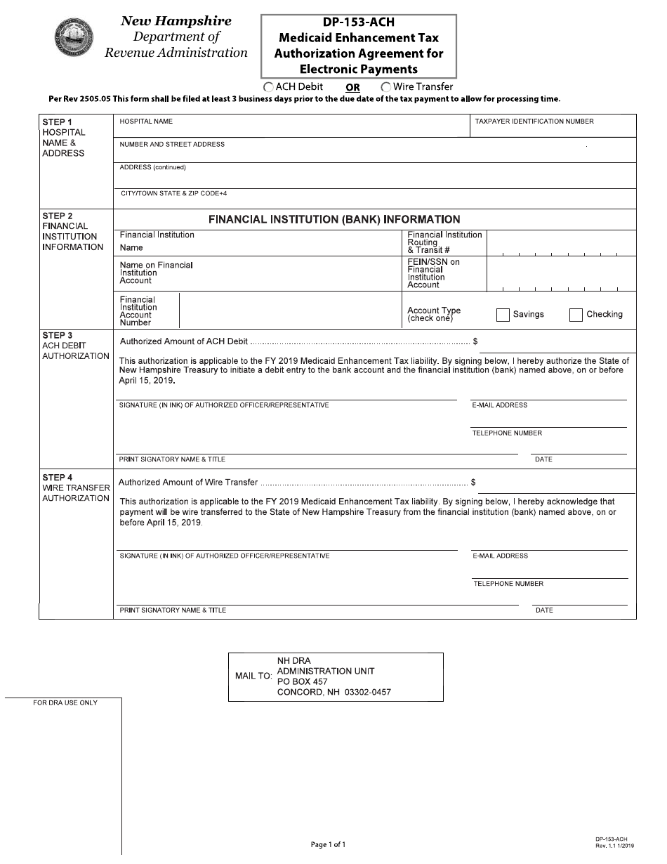 Form DP-153-ACH Medicaid Enhancement Tax Authorization Agreement for Electronic Payments - New Hampshire, Page 1