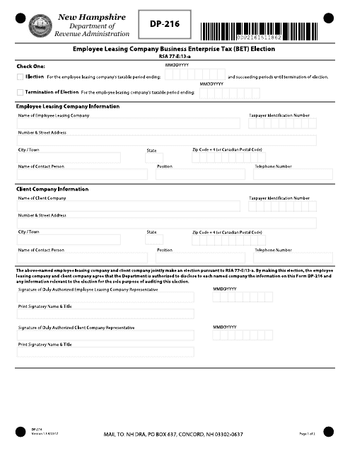 Form DP-216 Employee Leasing Company Business Enterprise Tax (Bet) Election - New Hampshire