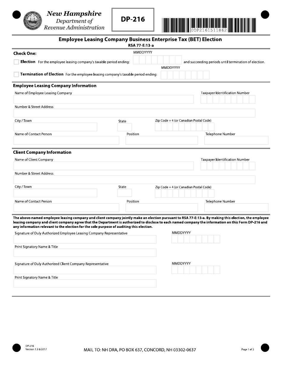 Form DP-216 Employee Leasing Company Business Enterprise Tax (Bet) Election - New Hampshire, Page 1