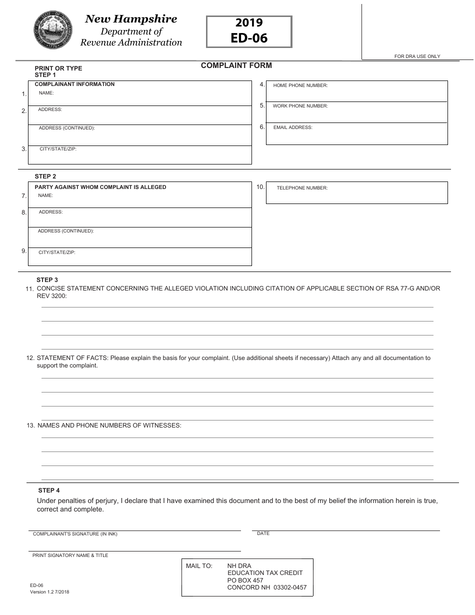 Form ED-06 Complaint Form - New Hampshire, Page 1