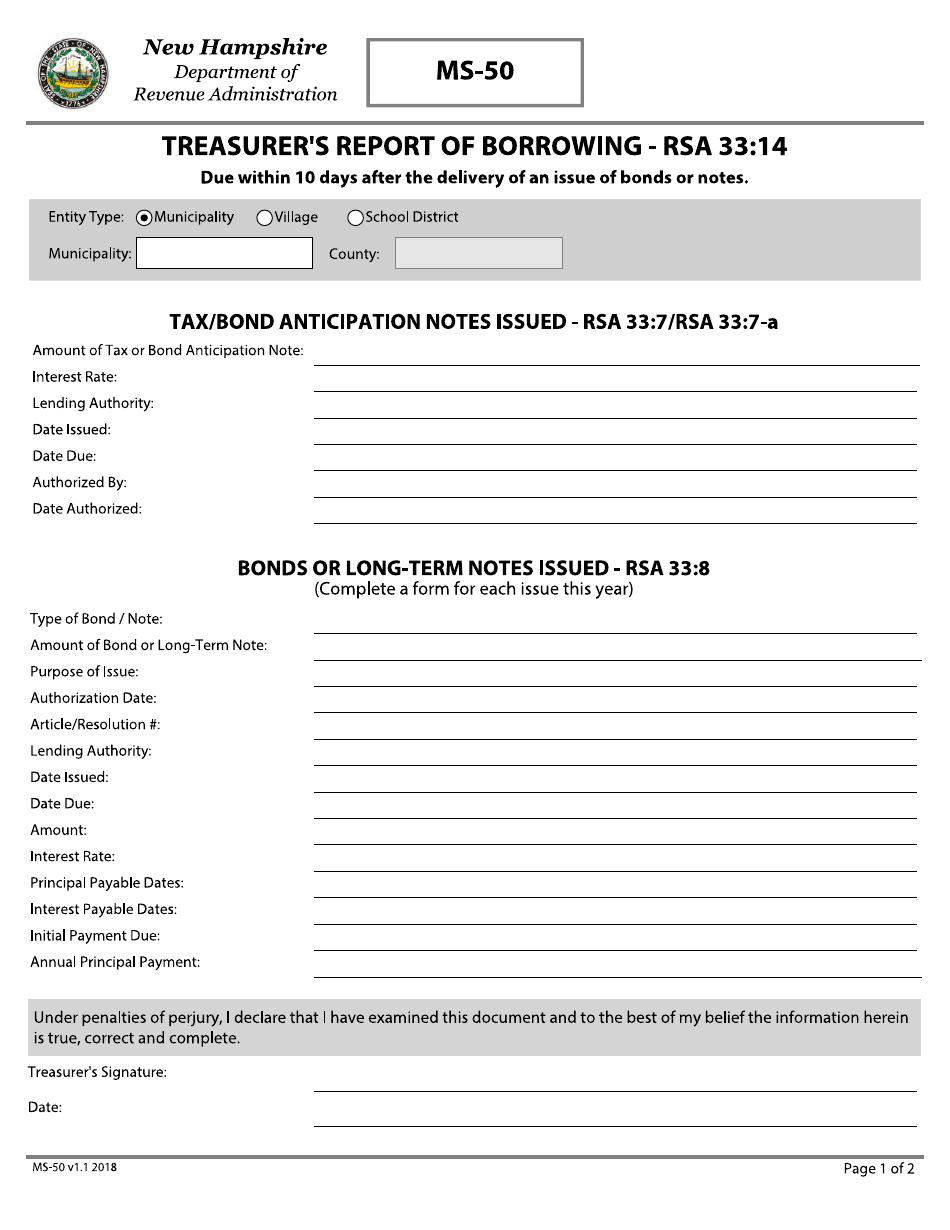 Form MS-50 Treasurers Report of Borrowing - New Hampshire, Page 1