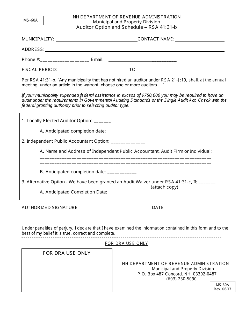 Form MS-60A Auditor Option and Schedule - New Hampshire, Page 2