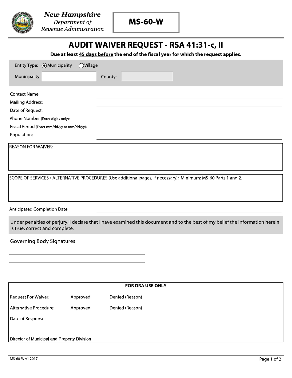 Form MS-60-W Audit Waiver Request - New Hampshire, Page 1