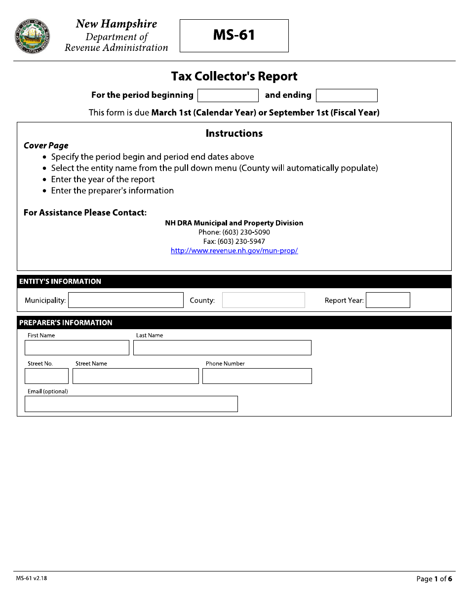 Form MS-61 Tax Collectors Report - New Hampshire, Page 1