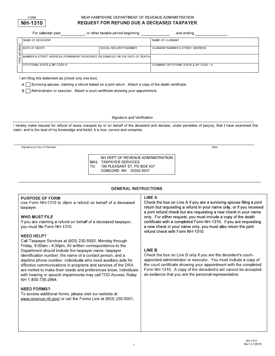 Form NH-1310 Request for Refund Due a Deceased Taxpayer - New Hampshire, Page 1